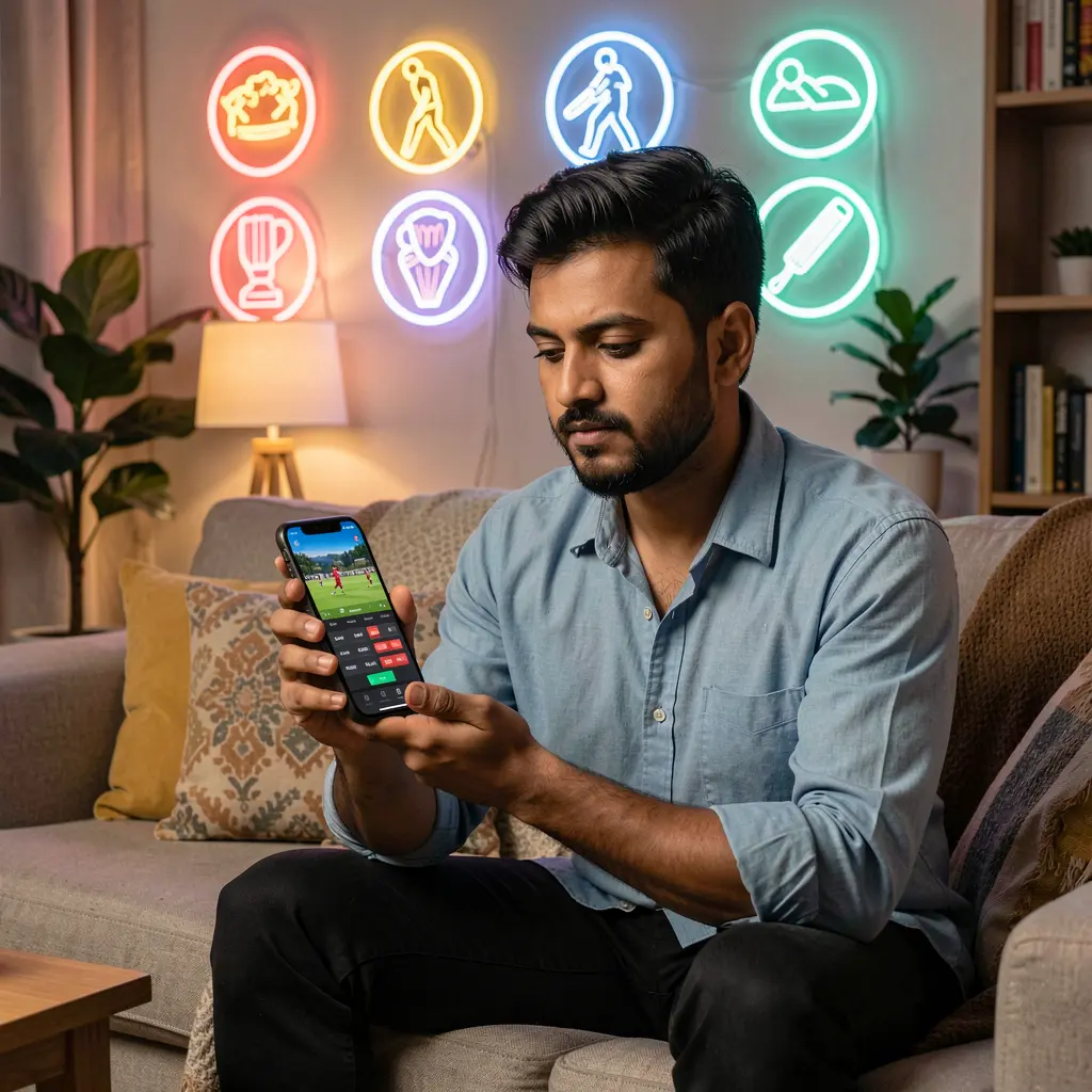 Focused Bangladeshi player using the A880 sports betting app on his phone with glowing cricket icons and neon lights in the background