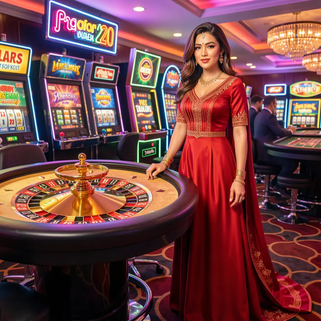 Glamorous casino atmosphere with a woman in a red dress near a glowing roulette wheel showcasing the premium gaming experience at A880 for players in Bangladesh