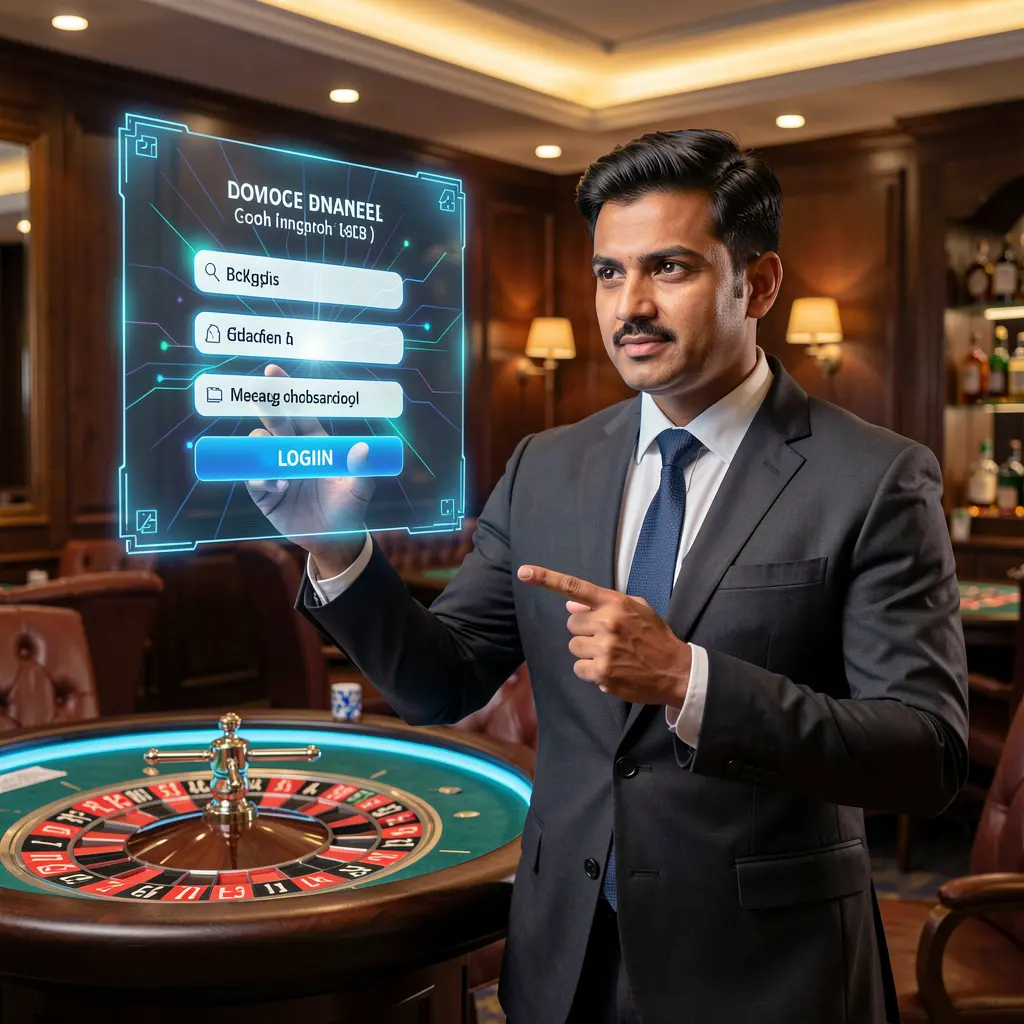 Professional Bangladeshi casino dealer pointing at a glowing holographic login panel above a roulette table on the A880 platform