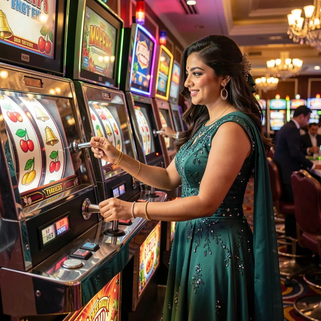 Focused Bangladeshi player pulling the lever of a modern slot machine with colorful symbols at A880 casino in a vibrant gaming atmosphere